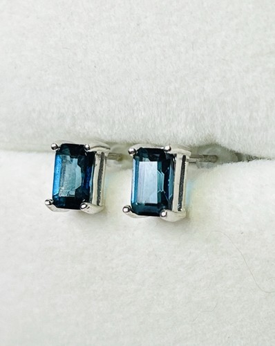 925 Sterling Silver Natural London Blue Topaz Emerald Cut Stud Earrings - Picture 4 of 10