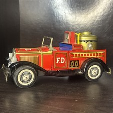 Vintage Bandai Firetruck Tin Litho Fire Engine Friction Toy Red Convertible Ford