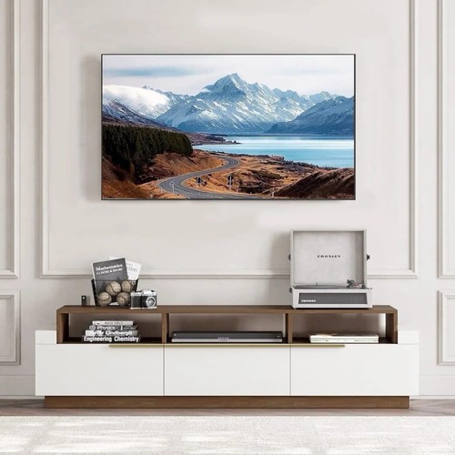 Elegant White 70” TV Stand With Open Shelves & Drawers - Picture 1 of 6