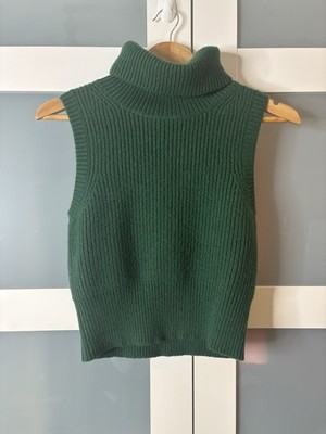 Michael Kors Stricktop gerippt Rollkragen ärmellos grün Medium Wollmischung