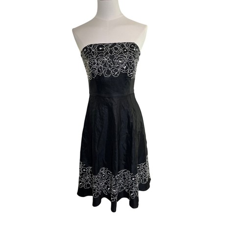 Loft Size 2 Black Linen Strapless Dress Embroidered Cocktail Party - Picture 2 of 12