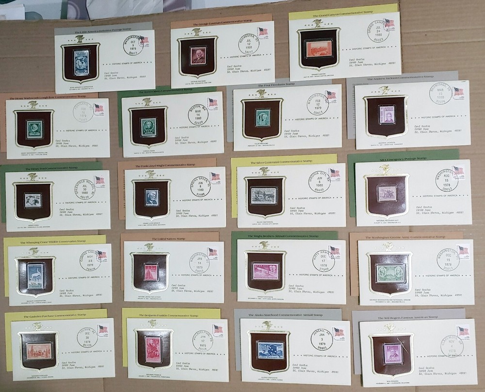 HISTORIC STAMPS OF AMERICA LOT OF 19 STAMPS COVERS FDC W / GOLD AMERICAN EAGLE