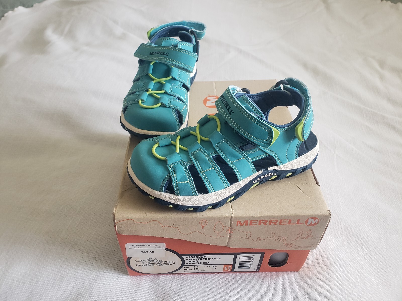 Sandali sportivi acquatici nuovi con scatola Merrell Waterpro Web Baltic Sea taglia 11 J85586Y