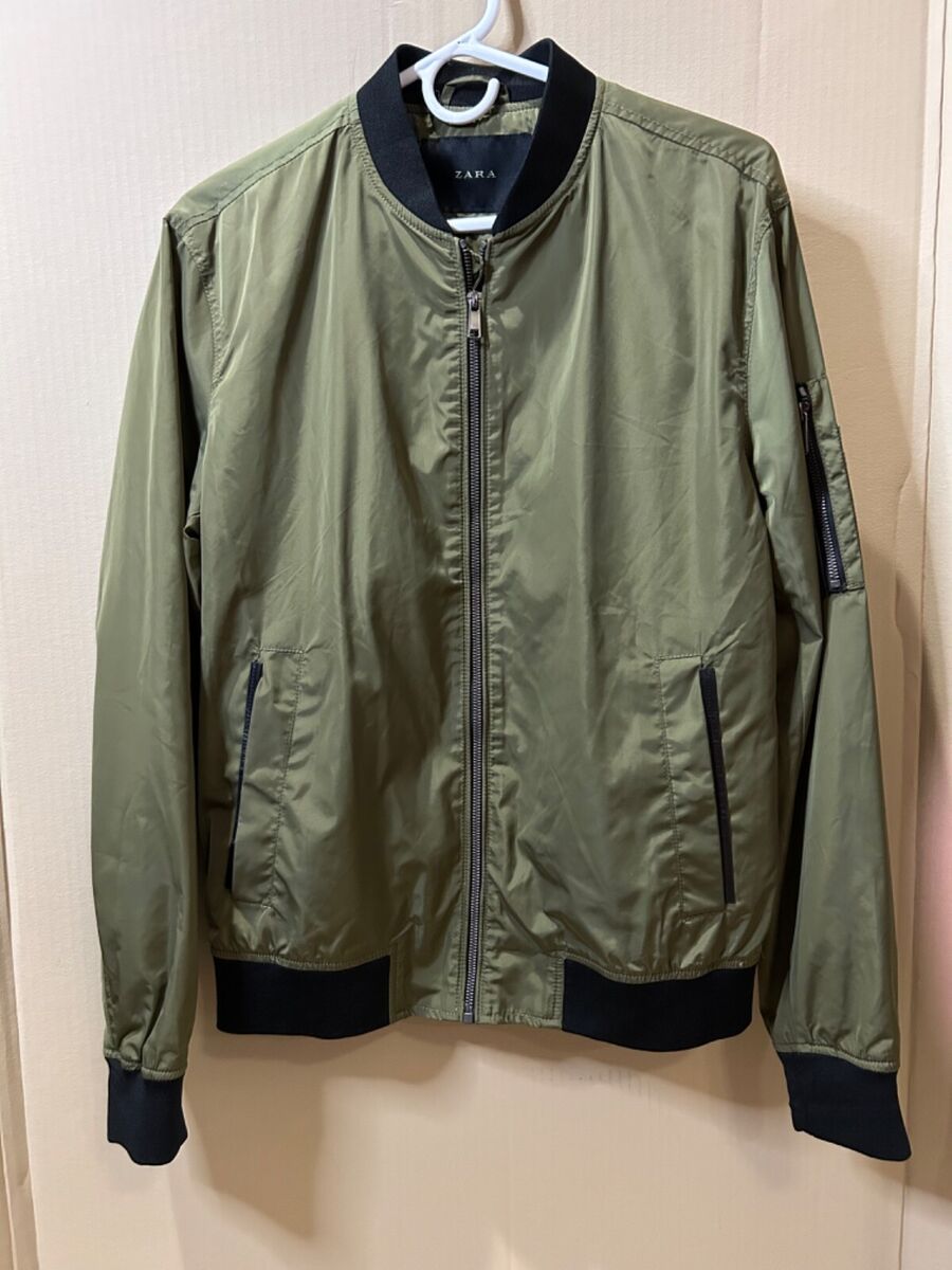 Zara Mens Bomber Jacket Olive Green Nylon Full Zip Size Zara Mens Bomber Jacket Olive Green Nylon Full Zip Size