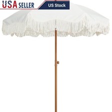 Boho Fringe Patio Umbrella 6.5ft Sunshade W/ Push Button Tilt Steel Pole New