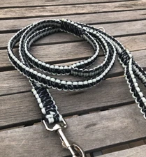 Dog Leash 6' Reflective Black & Silver Paracord New Handmade in USA Two Handles