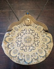 Victorian Purse Beautiful Embroidered Tapestry Needlepoint Bronze Blue Stones