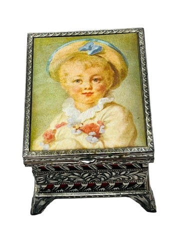 JUNGE ALS PIERROT SCHMUCKKÄSTCHEN VERSILBERT FRAGONARD REPRO MALEREI AUFKLAPPBAR 2”x 3” - Bild 6 von 10