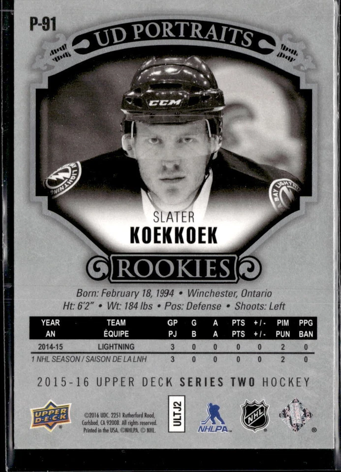 2015-16 Upper Deck #P-91 Slater Koekkoek UD Portraits - Image 2 of 2