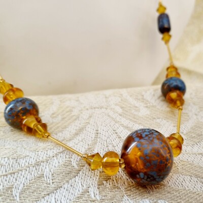 Vintage Halskette Muranoglas Schwefelstäbchen Kreisel 60er Ton Bernstein & Blau 