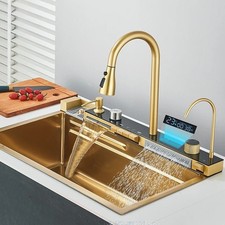 Stainless Steel Kitchen Sink Double Waterfall Single Slot Digital Display Faucet