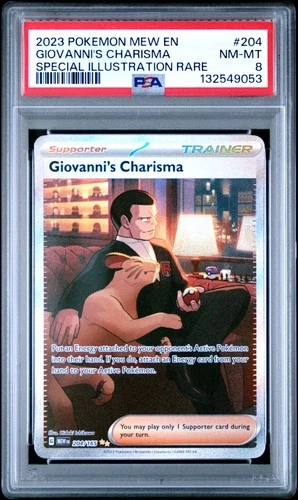 2023 POKEMON MEW EN-151 SPECIAL ILLUSTRATION RARE #204 GIOVANNI'S CHARISMA PSA 8