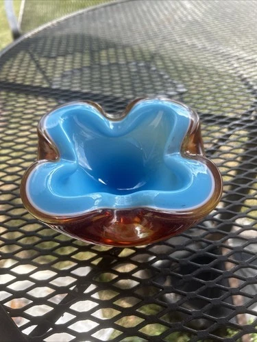 Vintage MCM Alfredo Barbini Murano Art Glass Bowl Ashtray Blue & Brown
