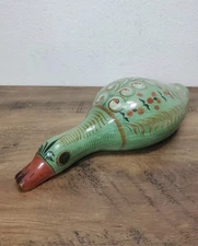 Vintage Tonala Mexican Pottery Bird Figurine Folk Art Hand Painted 4" Fat x 10" 