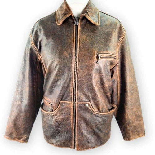 Winlit 1969 Brown Leather Jacket Size Small Distressed Look Zip Front