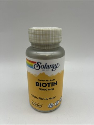 NEW Solaray Timed Release Biotin 5000 mcg 60 Caps Exp. 11/2028