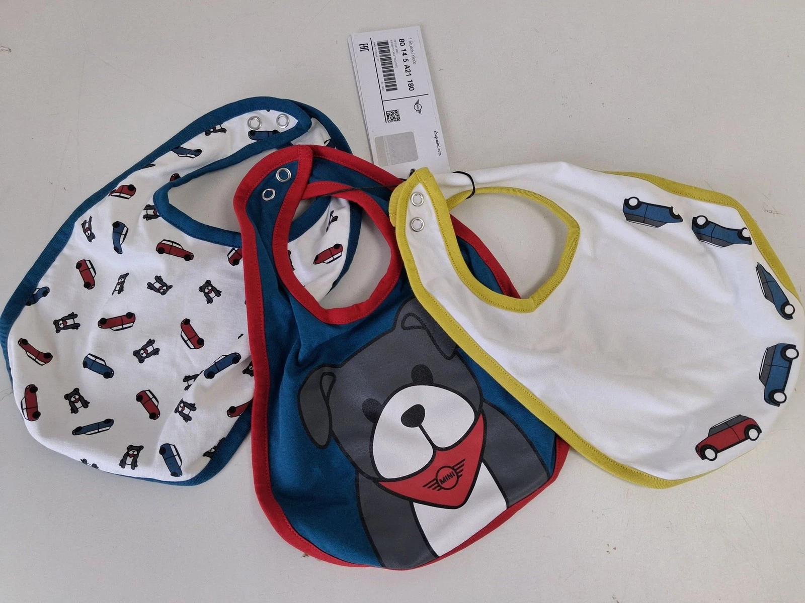 MINI Baby Bibs Set Organic Cotton Snap Closure Unisex Cars & Bear Design