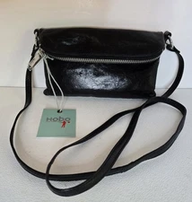 Hobo Lexi Crossbody Black Glossy Tumbled Leather Fold-over Flap Bag NEW