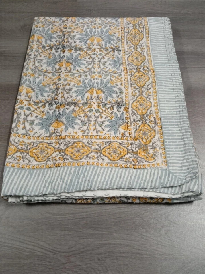 Indian Hand Block Print King Size Cotton Kantha Quilt Throw Blanket Bedspread - Image 2 of 4
