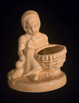 Adorable Vintage Yellow Ceramic Planter girl with her duck & a basket   5'' tall 