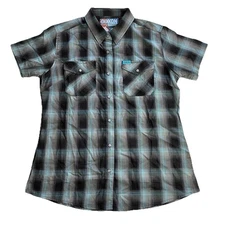 Dixxon Short Sleeve Snap Shirt Womens Large Morning Fog Gray Blue Plaid New NWOT