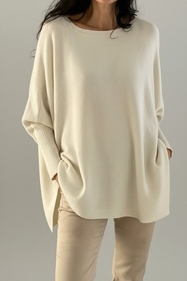 Pullover Shirt Ecru Wollweiss Weit Oversized 36 38 40 42 44 46 48 Neu Strick