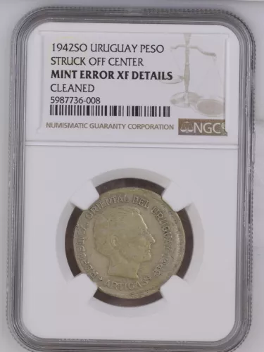 1942 SO URUGUAY Silver PESO NGC XF Details STRUCK OFF CENTER