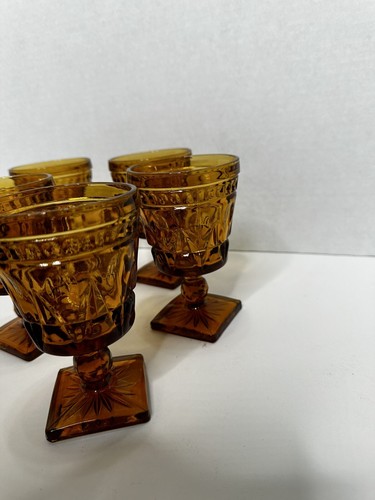 Vtg 1960 Indiana Glass Amber Thumbprint Glass Goblet Square Base 5 1/2" Set of 5 - Picture 6 of 8