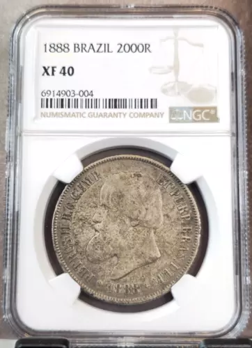 1888 BRAZIL SILVER 2000 REIS PEDRO II NGC XF 40 SCARCE GREAT LOOKING COIN