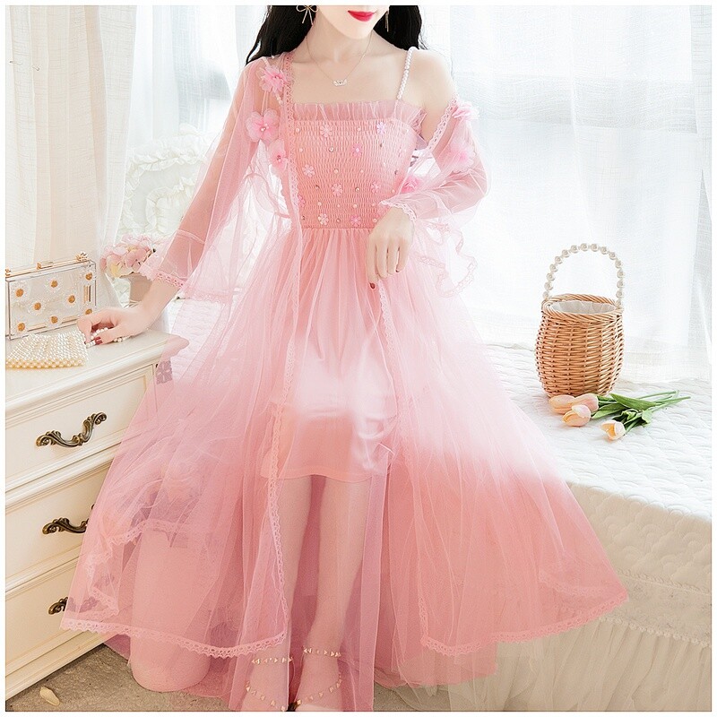 Mesh Dress Floral Beaded Ruffle with Cardigan Coat Set Sheer