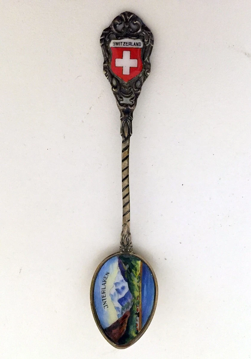 Old .800 Silver Hand Painted Enamel Souvenir Spoon Swiss Alps Interlaken, Marked