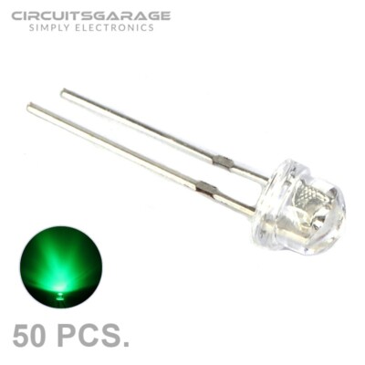 50 x 5mm / 4.8mm Straw Hat Water Clear Green Wide Angle Light Emitting Diode LED
