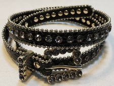 Ladies skinny genuine black leather belt with gunmetal rhinestones S/M