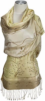 Abend Schal 100% Seide silk bestickt scarf stole handembroidered Beige 