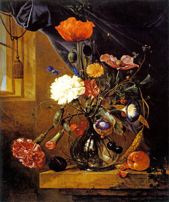 BOUQUET FLOWERS GLASS VASE 1650 STILL LIFE PAINTING BY JAN