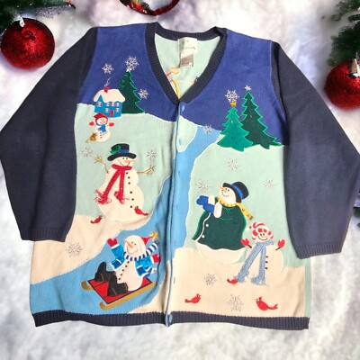 The Quacker Factory Snowmen Sweater Cardigan Womens X Large Vintage XL