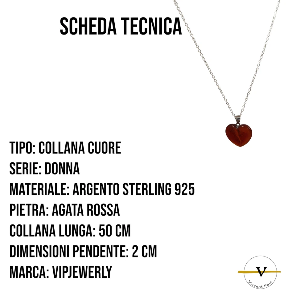 COLLANA DONNA ARGENTO 925 RODIATO CON CUORE IN AGATA ROSSA PIETRA DURA NATURALE - Immagine 2 di 4