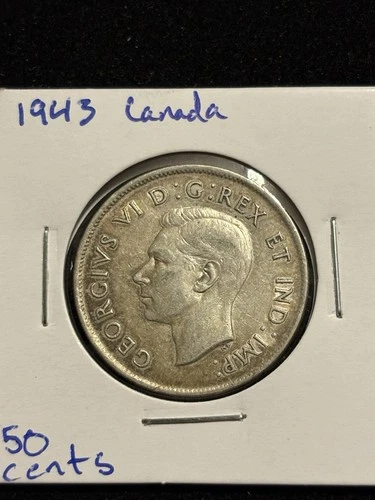 1943 Canada 50 Cent Coin XF Featuring George VI .80 Silver Toned, Old Skin