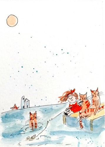NEW! ACEO original handmade watercolor portrait little girl, baby ,cats infancy