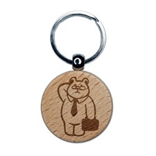 Business Bear Glasses Suitcase Tie Engraved Wood Round Keychain Tag Charm