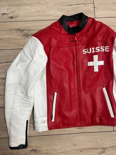 Men's Motorcycle Bikers World Swiss Suisse Big Logo Leather Jacket 2XL Red White - Picture 4 of 15
