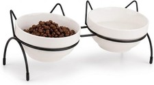 Cat Food Water Bowl Set, Double Ceric Pet Bowls  Tilted Raised Stand,