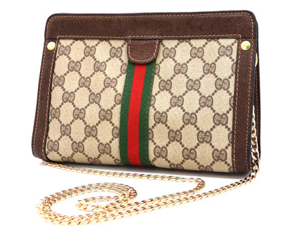 GUCCI VINTAGE Ophidia Shoulder Bag Chain Strap Brown Medium Classic Authentic