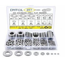 DYFOL 897 Pcs Stainless Steel Flat Washers for Screws, 304 M2-12, Silver