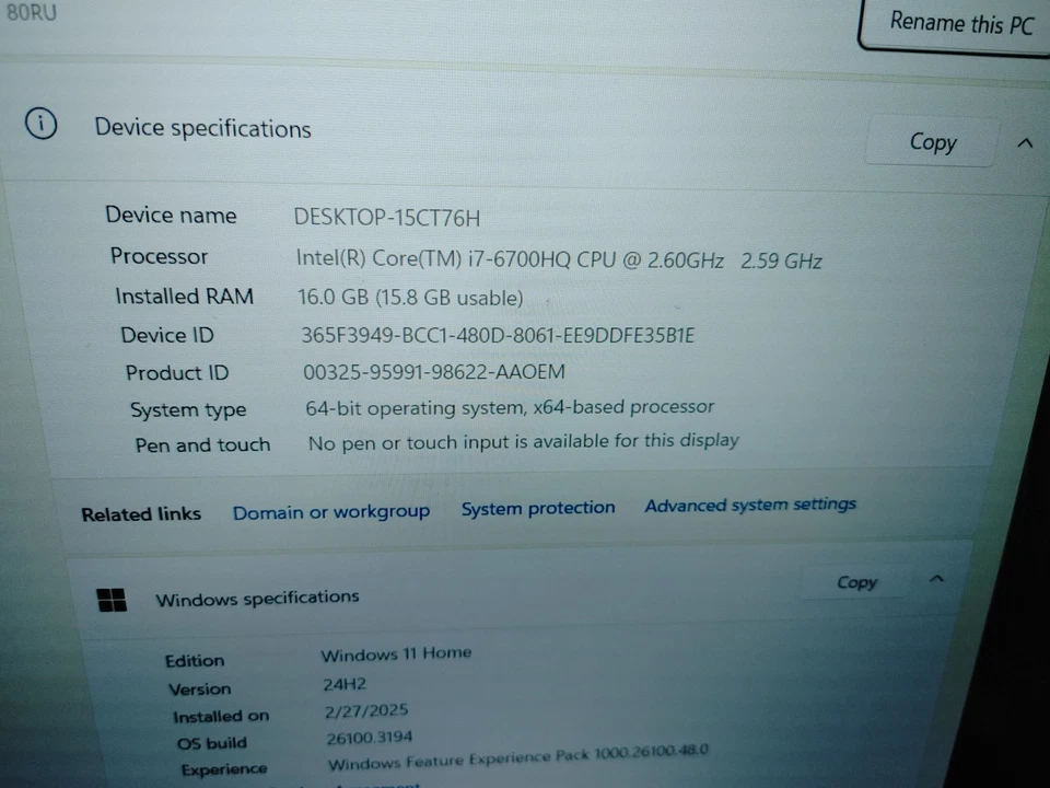 Lenovo Ideapad700-15ISK Core i7-6700HQ@2,60 GHz, GTX 950M 16 GB, 120 GB HD, WIN 11 Foto 3 de 4