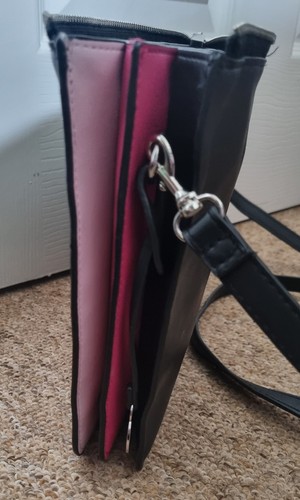 Laura Ashley Black Faux Leather Slim Long Strap Handbag Pink Detail 3 Pocket Zip - Picture 3 of 8