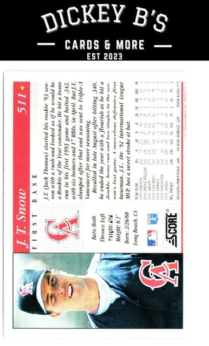 1994 Score #511 J.T. Snow California Angels - Picture 2 of 2