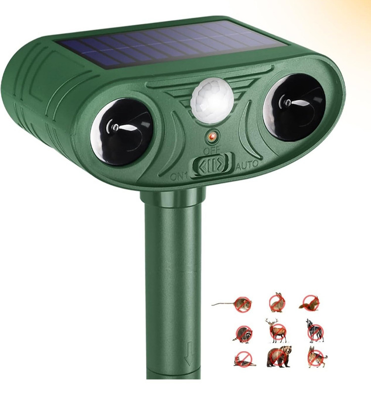 Solar Powered Ultrasonic Animal Repellent Ground Stake PIR Sensor Green Outdoor