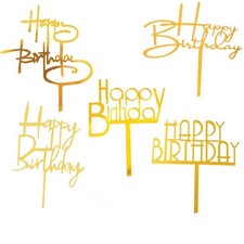 5 PCS Gold Cute Happy Birthday Cake Toppers Mirror Acrylic Side Inserts