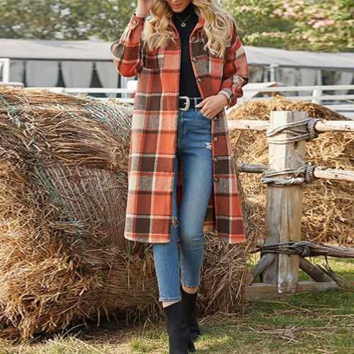 Trench cappotto lungo donna oversize monopetto finta lana a quadri shacket taglia M - Foto 3 di 6